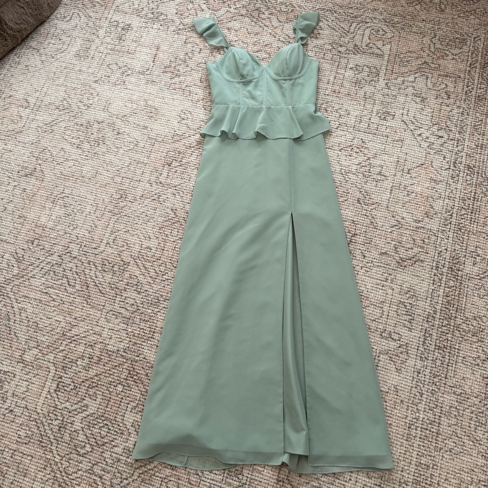 Revelry Bridesmaid Dress Sage Green Size 6 Sloane peplum bustier slit ruffle